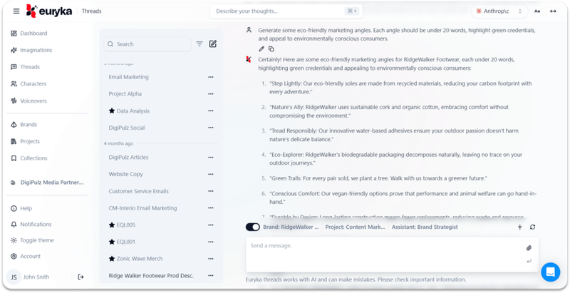 Using Euryka Threads' specialising AI writing tools