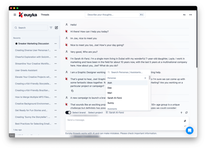 Using Euryka AI Personas in Euryka Threads